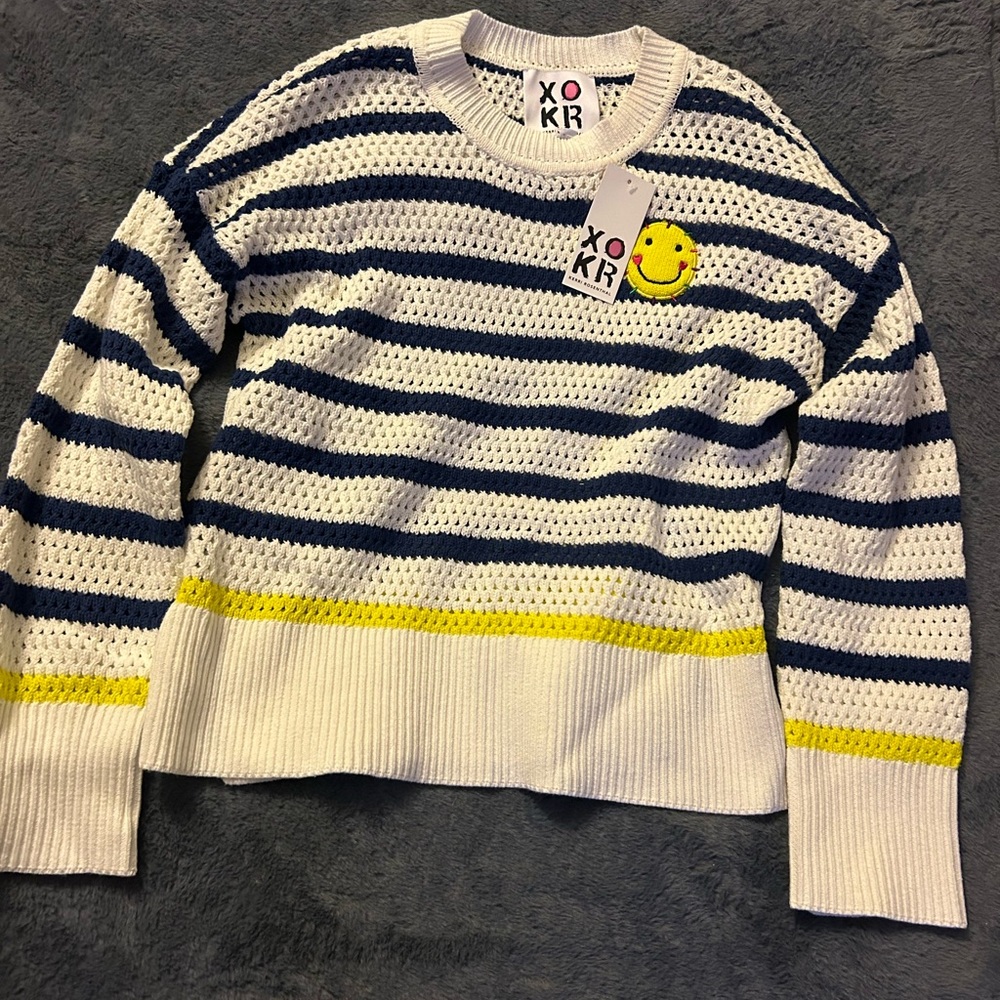 NWT Kerri Rosenthal blue and white striped crochet knit sweater, Size M